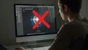 A person researching the Manifestation Path eBook on a computer screen with a red 'X' overlay, raising concerns about its legitimacy.