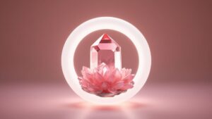 A glowing rose quartz crystal surrounded by light, designed as a Love and Relationships Manifestation Wallpaper for Desktop, representing love and healing energy.