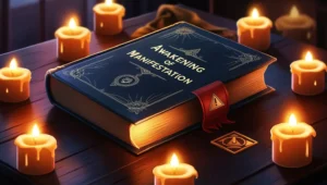 Illustration of a mystical book titled Awakening of Manifestation surrounded by candles, symbolizing secrecy and potential scam warning.