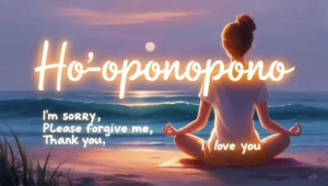 Person meditating on a beach at sunset with the word Ho'oponopono and healing phrases written over the image.