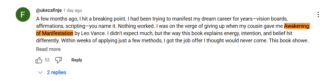 Pattern showing one repeated promotional comment under every video about Leo Vance’s manifestation book.