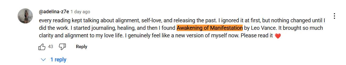 Suspicious YouTube comment promoting Awakening of Manifestation by Leo Vance with unusually high likes.