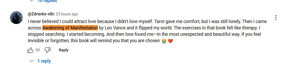 Suspicious YouTube comment promoting Awakening of Manifestation by Leo Vance with unusually high likes.