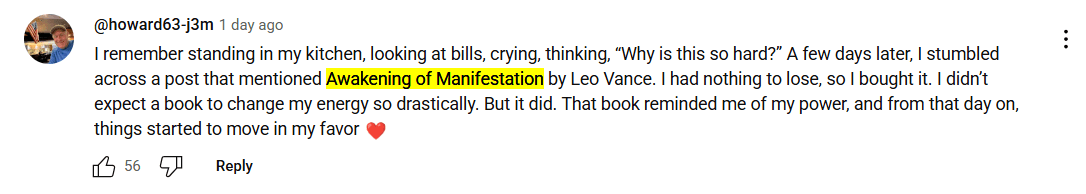 Suspicious YouTube comment promoting Awakening of Manifestation by Leo Vance with unusually high likes.