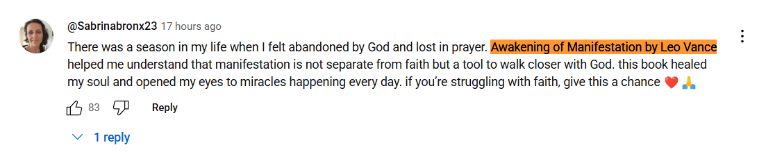 Pattern showing one repeated promotional comment under every video about Leo Vance’s manifestation book.
