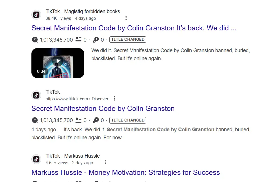 Screenshot showing Secret Manifestation Code promoted only through TikTok videos, with no Google presence—typical of scam book launches using viral tactics.