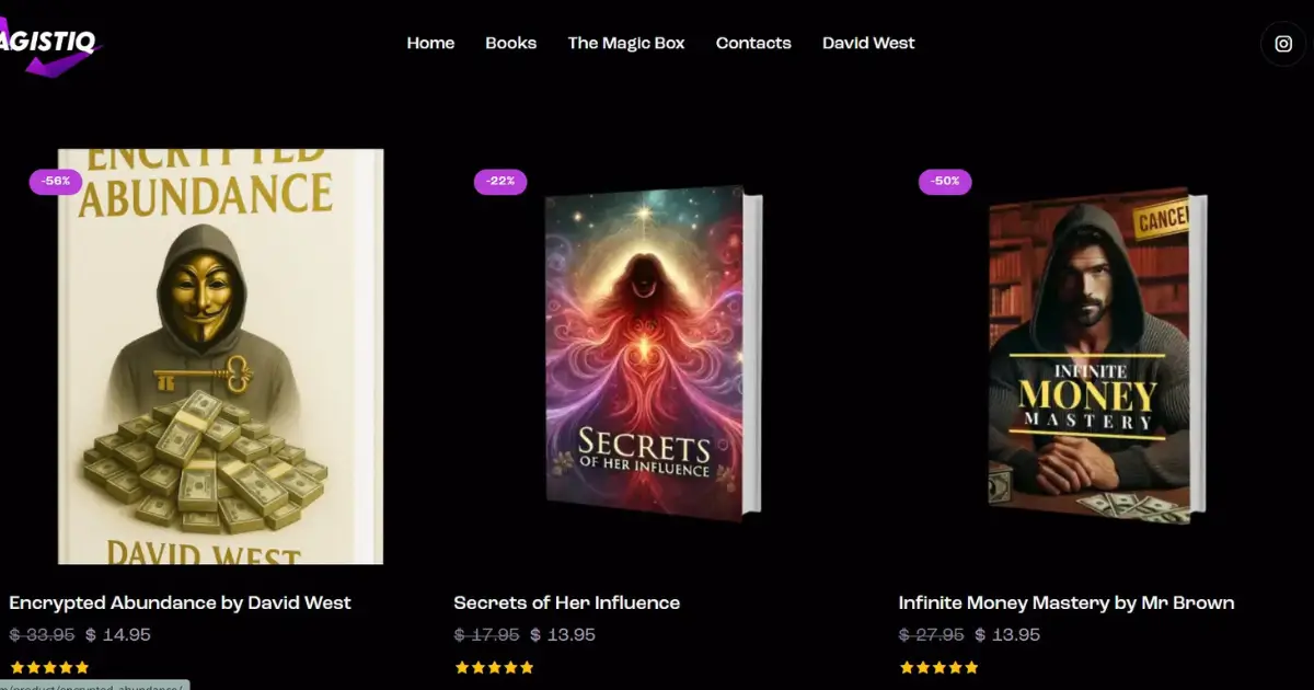 List of ebooks on Magistiq.com including Infinite Money Mastery, ADHD Encoded, Encrypted Abundance—showing different pseudonymous authors used in manifestation scam ecosystem.