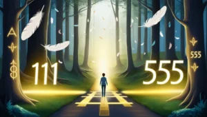 A mystical forest path with feathers and glowing angel numbers symbolizing spiritual signs of manifestation coming true.