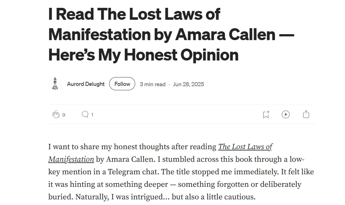 Screenshot of Medium article promoting The Secret of Manifest Anything scam with links to Solesterius.com