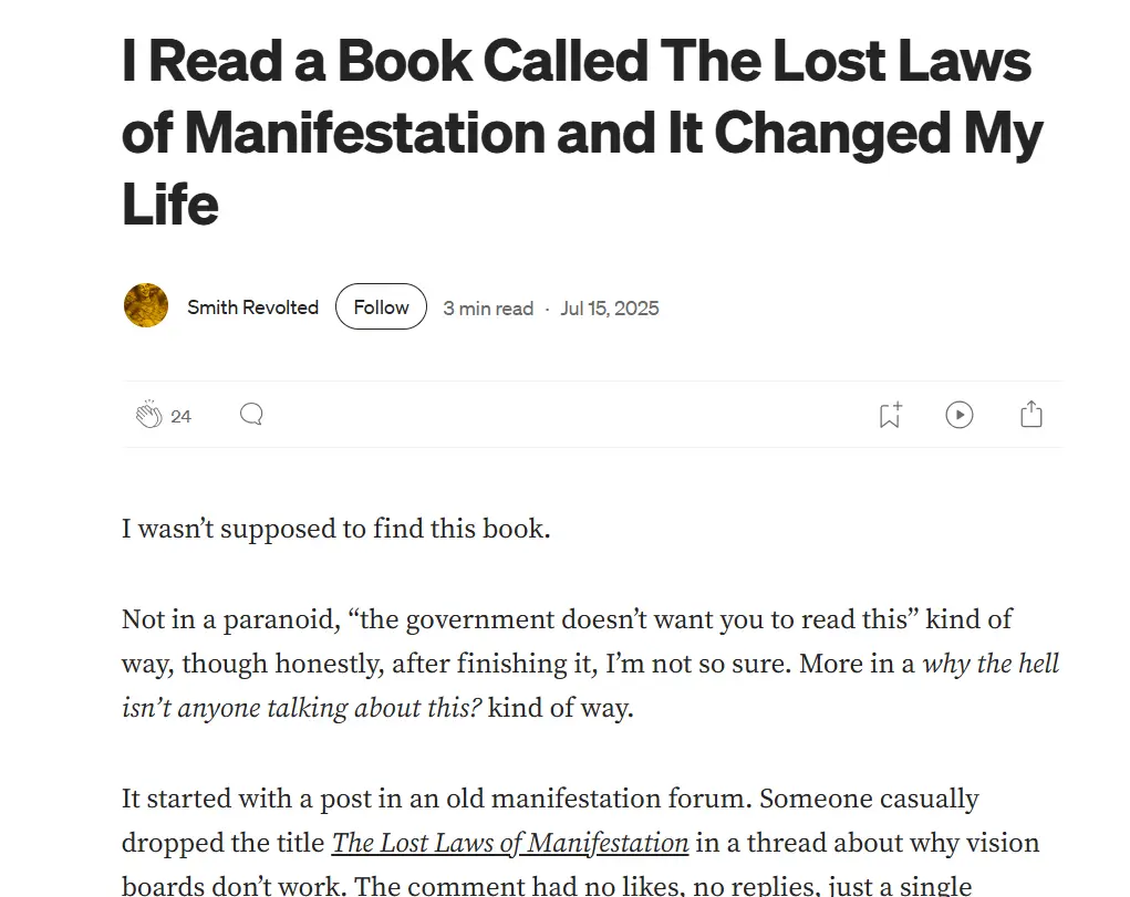 Spam Medium post promoting fake manifestation book from Solesterius.com with fraudulent claims